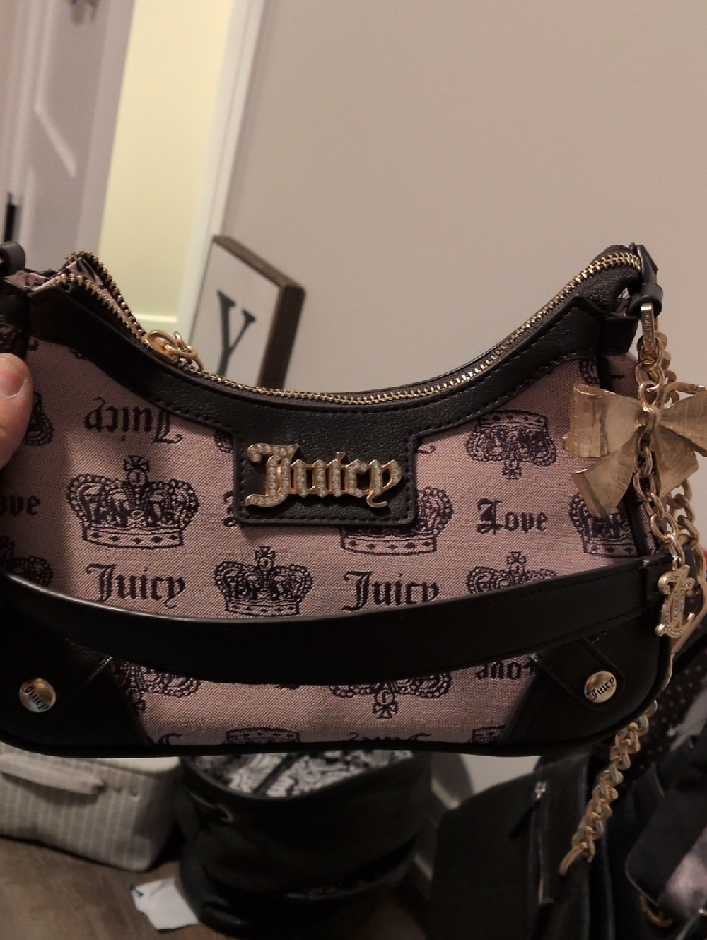 Juicy Couture Pink and Black Logo Mini Shoulder Bag with Gold Accents